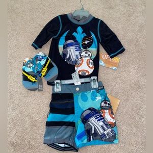 Disney Star Wars swim trunks rash guard size 3 and flip flops size 7/8